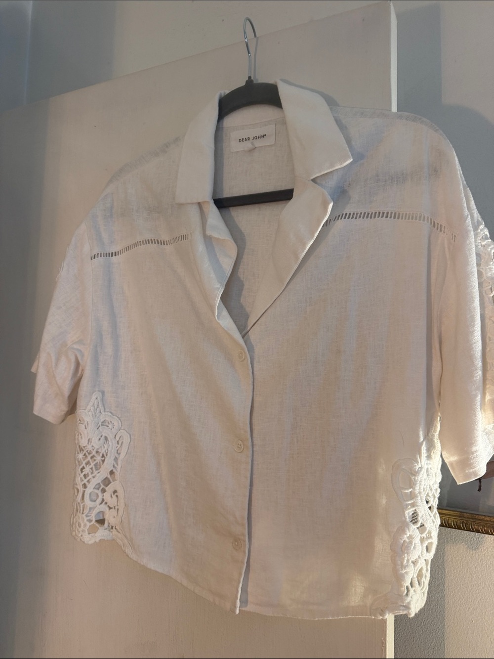 Dear John Cream Linen Crochet-Trim Boxy Button Front Top